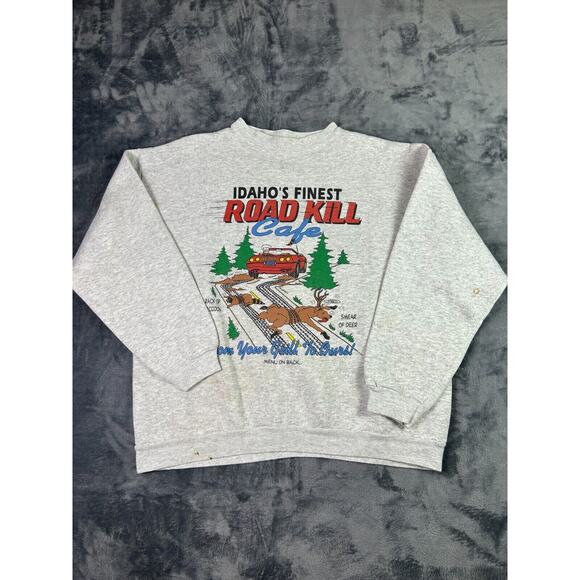 Vintage 80s Road Kill Cafe Sweatshirt Idaho’s Finest Graphic Pullover Men’s L - Picture 1 of 11